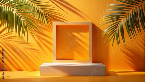 Minimal Thanksgiving Orange Flat Lay Mockup: Empty Podium with Palm Shadow