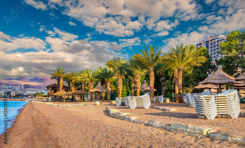 Morning at central public beach in Eilat – famous tourist resort and recreati...