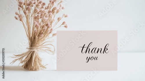 Greeting card mockup with thank you text and dried botanical arrangement
