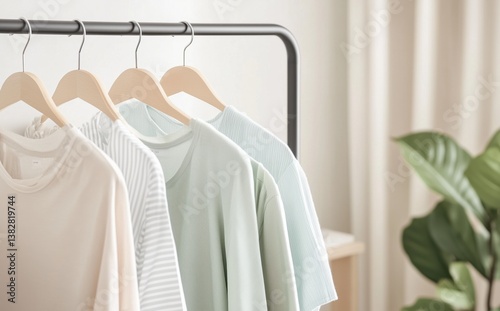 Minimalist pastel wardrobe with neutral and striped blouses