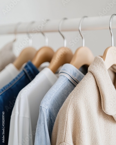 Modern closet arrangement with neutral and denim garments