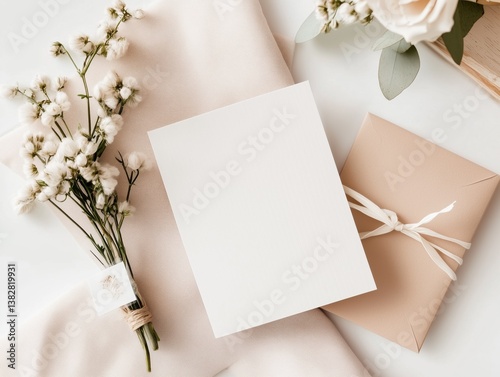 Elegant wedding invitation card with dried flowers and beige envelope