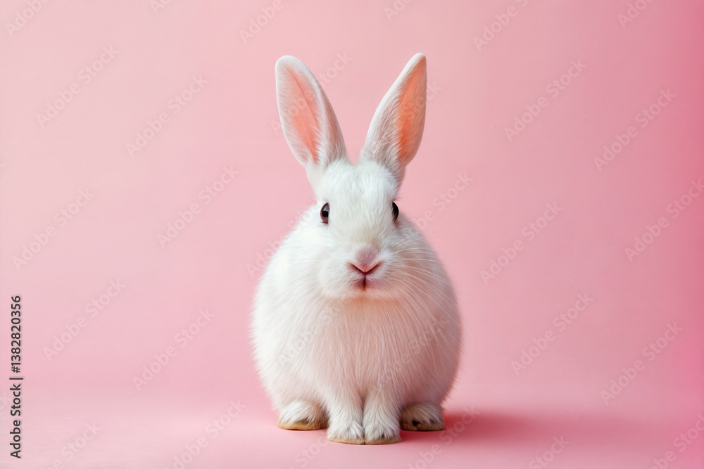 A fluffy white rabbit with large ears sits on a pastel pink background, facing forward. Its delicate fur and gentle expression create a charming, serene composition A fluffy white rabbit with large ears sits on a pastel pink background, facing forward. Its delicate fur and gentle expression create a charming, serene composition