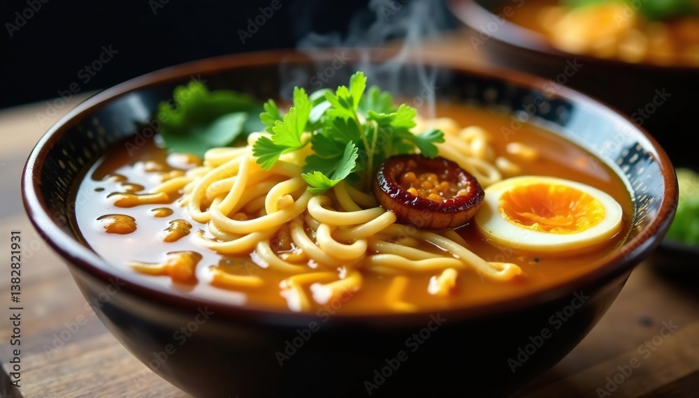 Close-up of steaming ramen bowl with broth and toppings , culinary, rich, asian Close-up of steaming ramen bowl with broth and toppings , culinary, rich, asian