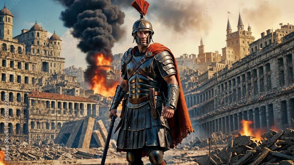 Roman legionary in battle gear before a fiery cityscape 4K
