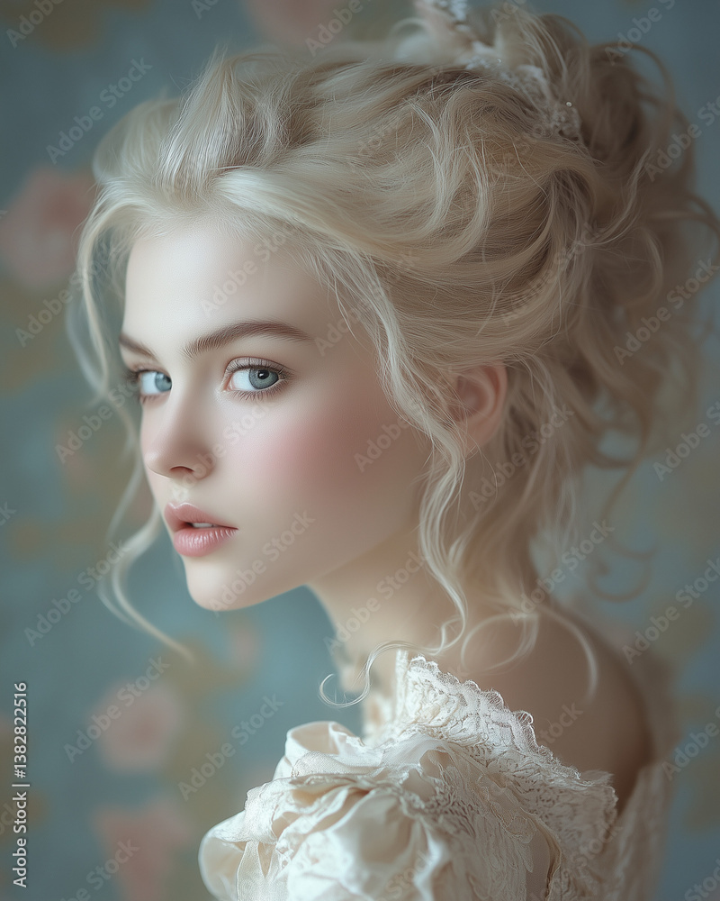 Fototapeta premium Charming young woman in Victorian costume poses for a refined portrait. Her vintage dress and period hairstyle evoke the sophistication of the 18th century, capturing grace, culture, and classical ele