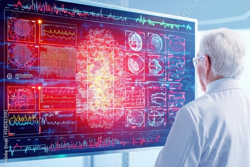 Telemedicine with wearable devices, futuristic UI glowing, elderly patient smiling with comfort.