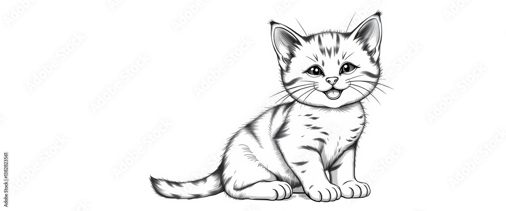 Obraz premium Adorable kitten smiles, sitting pose, black & white sketch, innocent, kitten sketch