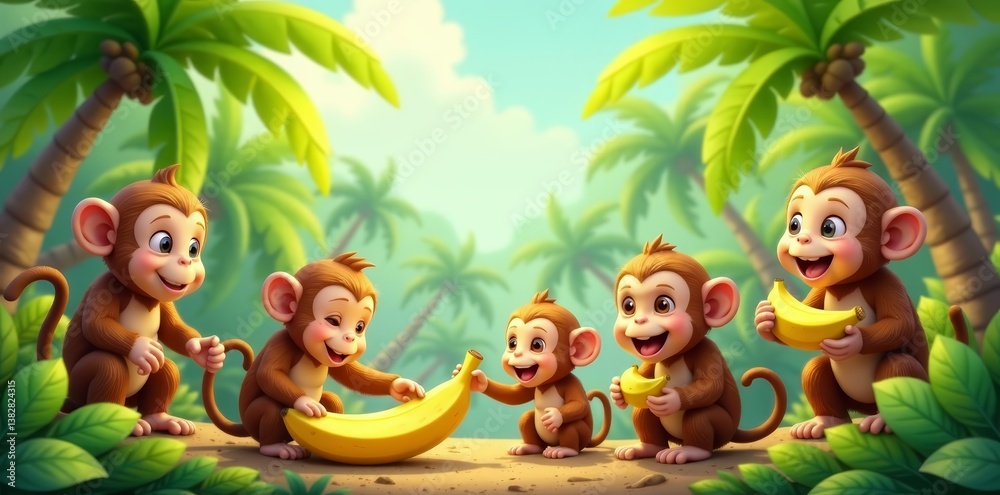 Adorable monkeys in various playful poses with banana and palm trees, trees, isolated Adorable monkeys in various playful poses with banana and palm trees, trees, isolated