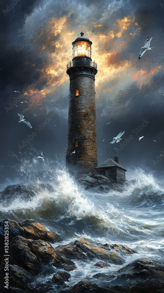 Obraz premium Misty lighthouse standing strong in cold rainy weather, enveloped by dark clouds and stormy sea, symbol of resilience and mystery