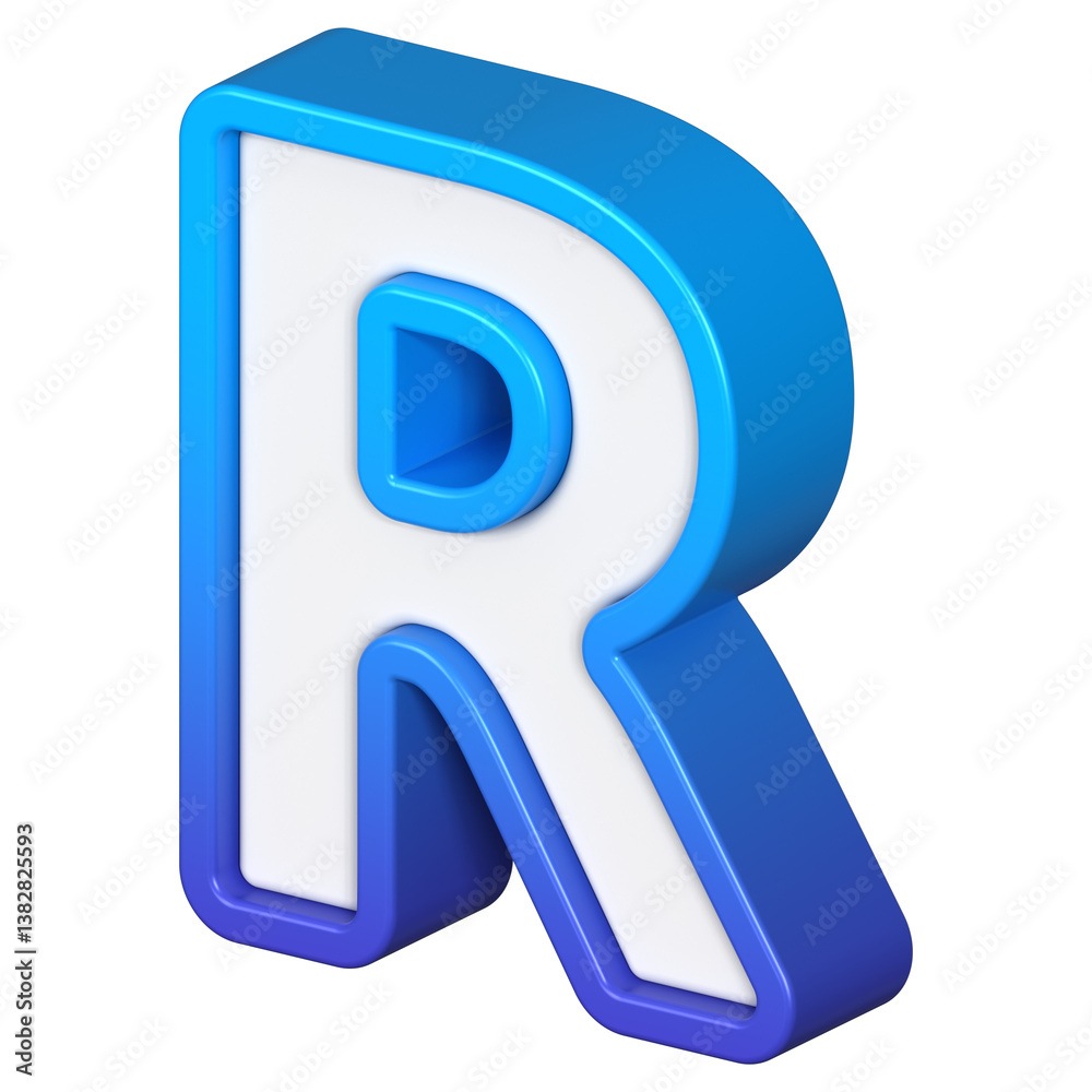Isometric view of bold Letter R, stands out with its striking blue and white gradient, ready for visual communication, emphasizing clarity and modern feel, 3d rendering