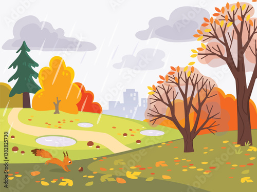 Autumn landscape. Fall in the park.  Path passes through empty autumn park with lawns and puddles  it's raining. Leaf fall in the forest. Mushrooms are growing. Gris day
