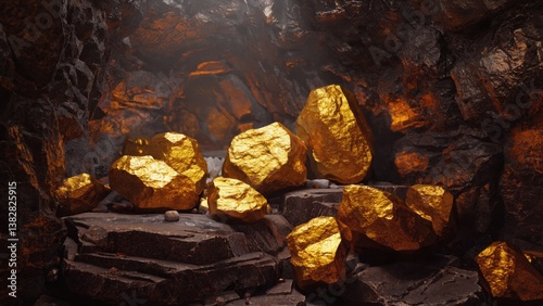 A pile of gold rocks in a cave. The rocks are shiny and golden, and they are scattered around the cave. The scene gives off a sense of mystery and adventure