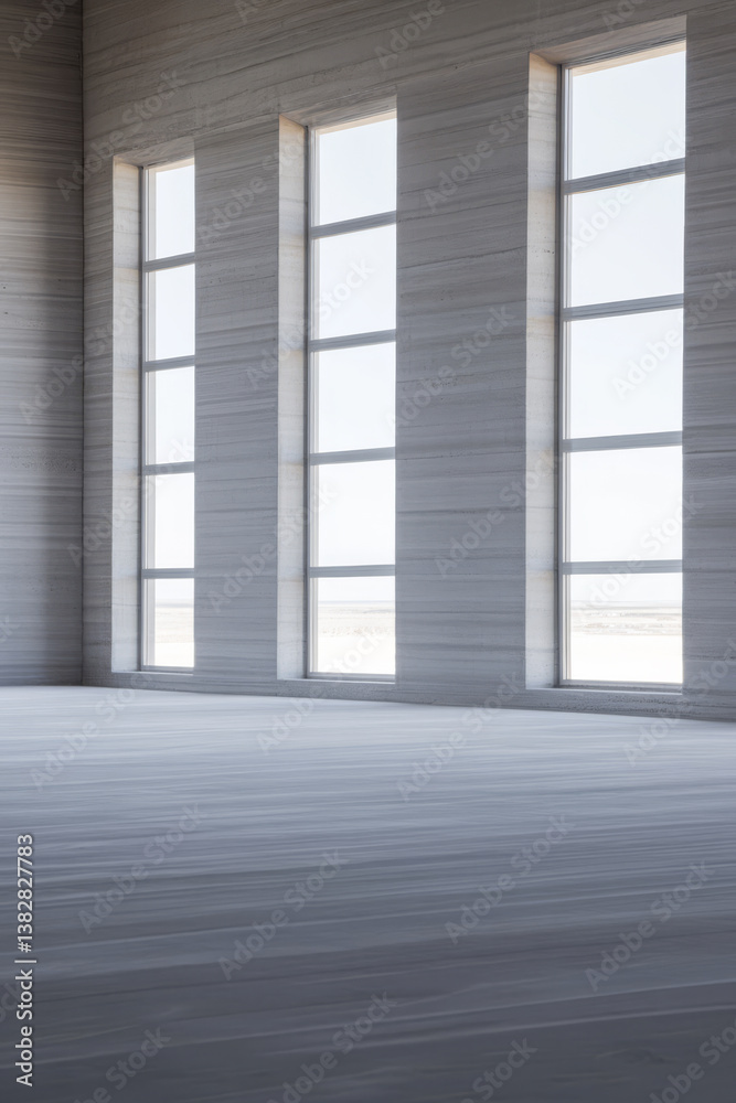 Fototapeta premium Sunlight streaming through modern windows in a minimalist interior space at midday