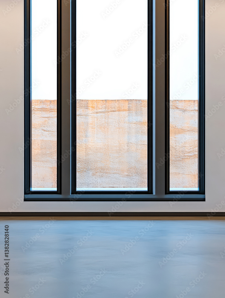 Modern interior design featuring large windows overlooking a textured wall Modern interior design featuring large windows overlooking a textured wall