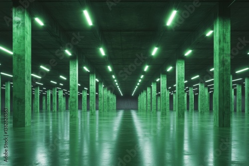 Green fluorescent neon lights illuminate a dark  empty room  creating a stage-like atmosphere suitable for a scene or nightclub party concept  with ample space for showcasing text or products