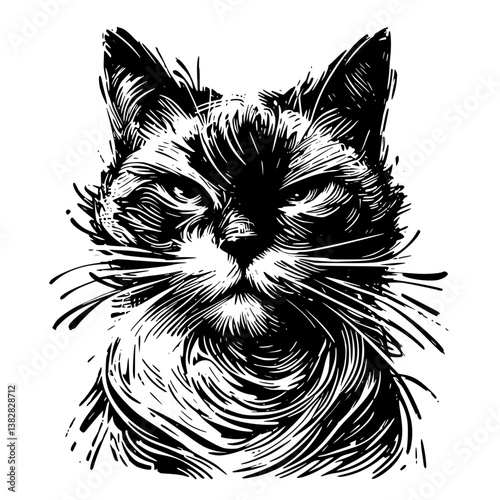 Illustration of a disgruntled cat silhouette with intricate details in monochrome on a transparent background  