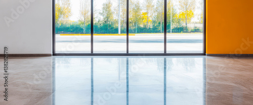 Reflections on polished floor showing bright outdoor view from modern empty interior space