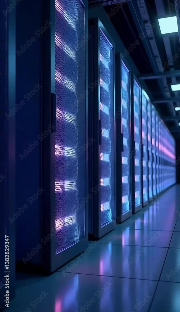 A high-tech data center room featuring endless rows of illuminated server racks, advanced network infrastructure, and glowing LED indicators, symbolizing cutting-edge cloud computing and digital stora