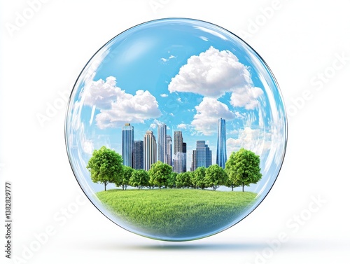 Cityscape Encapsulated in a Glass Sphere Amidst Green Trees