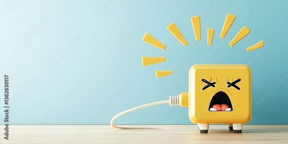 Fototapeta premium peak energy demand concept. Angry yellow power adapter with expressive features on a blue background.
