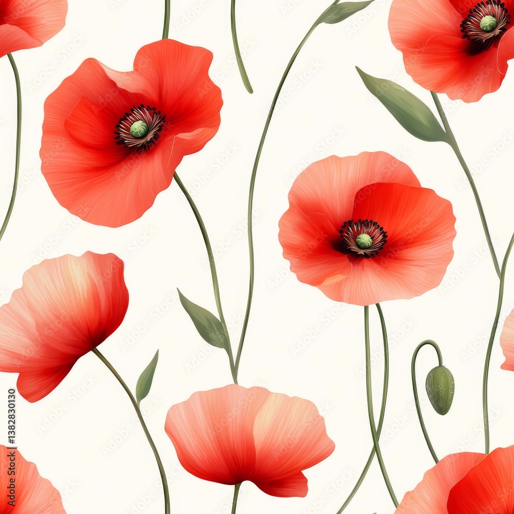 Obraz premium Seamless Floral Pattern Featuring Vibrant Red Poppy Flowers with Delicate Green Leaves on a Soft Cream Background