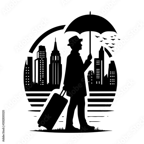 Silhouette of a traveler holding an umbrella in a cityscape, transparent background  