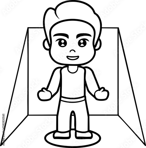 A cheerful, cartoon-style character stands in front of a backdrop, ready for interaction or creativity, with a friendly expression and open arms.