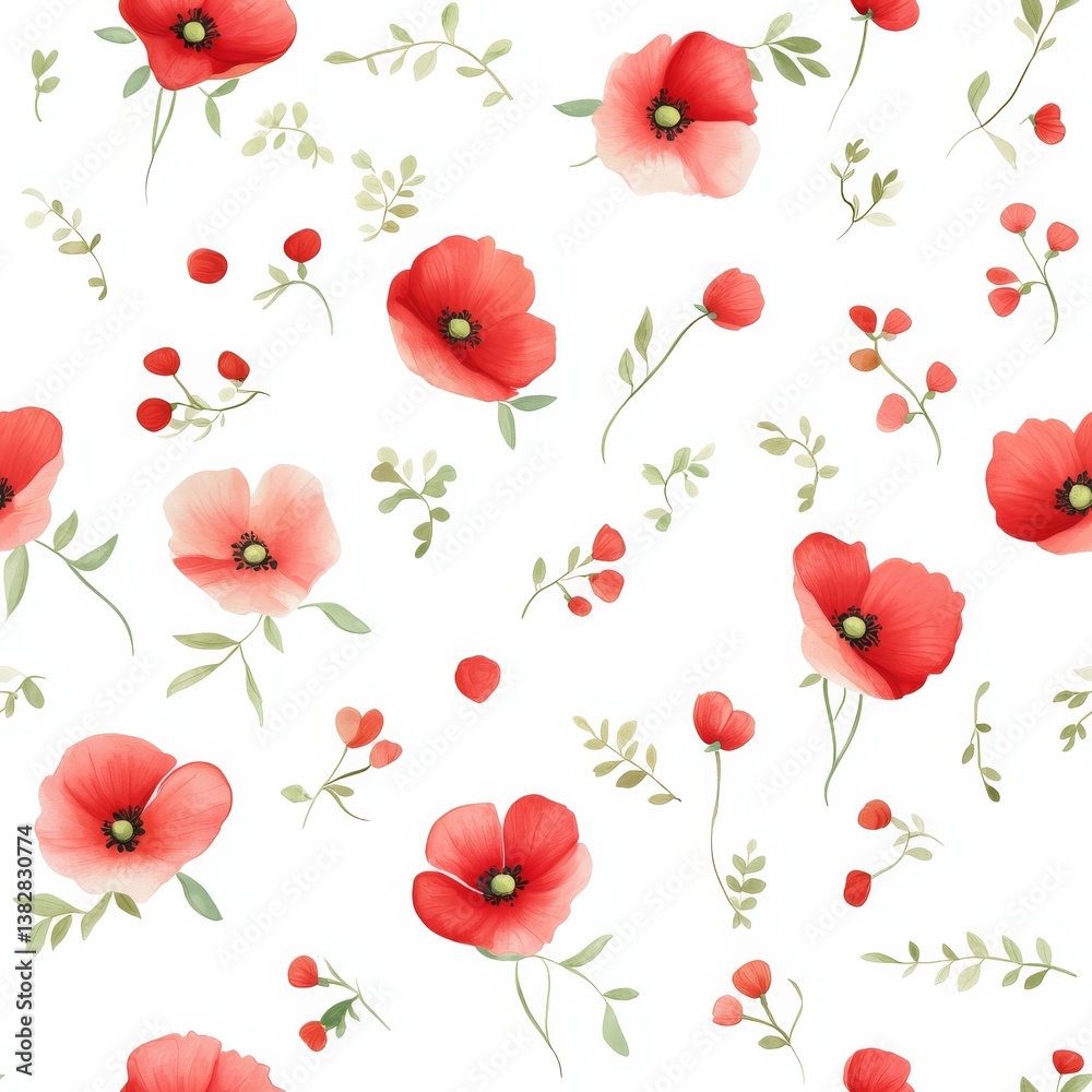 Seamless Pattern of Delicate Red Poppies and Green Foliage on a White Background Seamless Pattern of Delicate Red Poppies and Green Foliage on a White Background