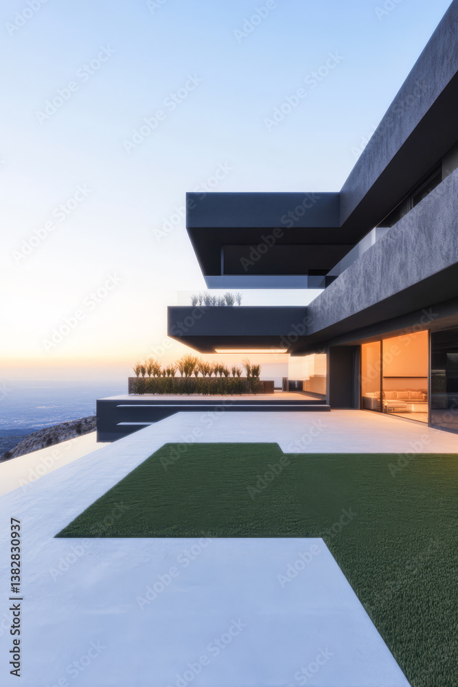 Fototapeta premium Modern architectural design in elevated location during sunset with balcony and outdoor area