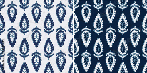 Traditional Blue Madhubani Paisley Leaf Block Print Repeat Vector Pattern