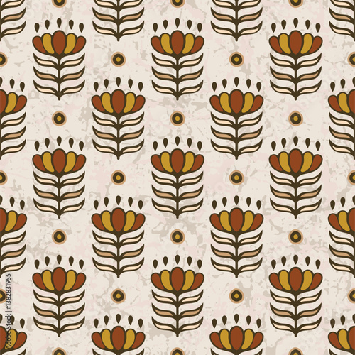Multicolor Damask Tulips Block Print Repeat Vector Pattern