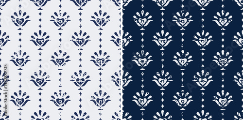 Blue Geometrical and Paisley Damask Repeat Vector Pattern