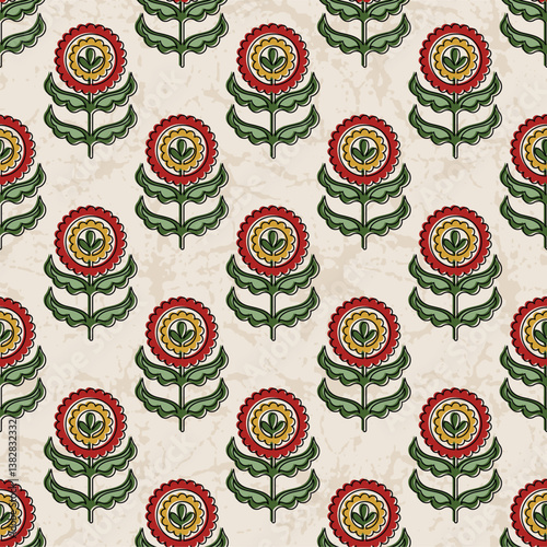 Colorful Floral Paisley with Leaves Block Print Repeat Vector Pattern