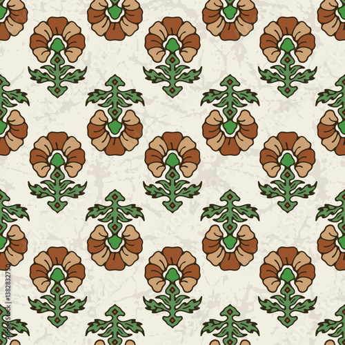 Colorful Abstract Floral with Green Leaves Block Print Seamless Repeat Vector Pattern