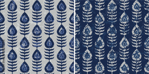Blue Textured Ajrakh Damask and Paisley Block Print Repeat Vector Pattern