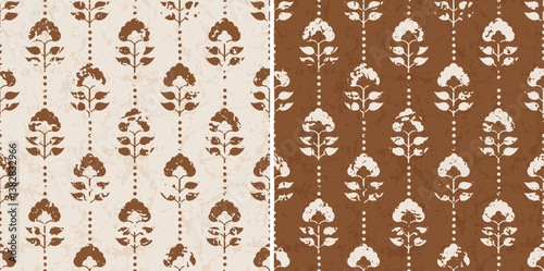 Ajrakh Tulips with Leafs Block Printed Repeat Vector Pattern