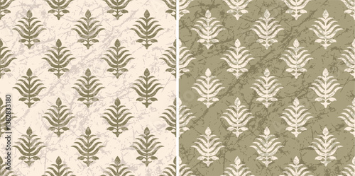 Adhesive Textured Leaf Batik with Textured Background Block Print Repeat Vector Green Pattern