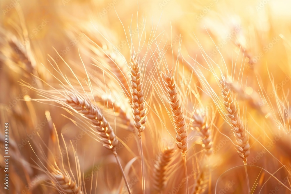 Golden wheat fields basking in warm sunlight during harvest season in rural landscape Golden wheat fields basking in warm sunlight during harvest season in rural landscape