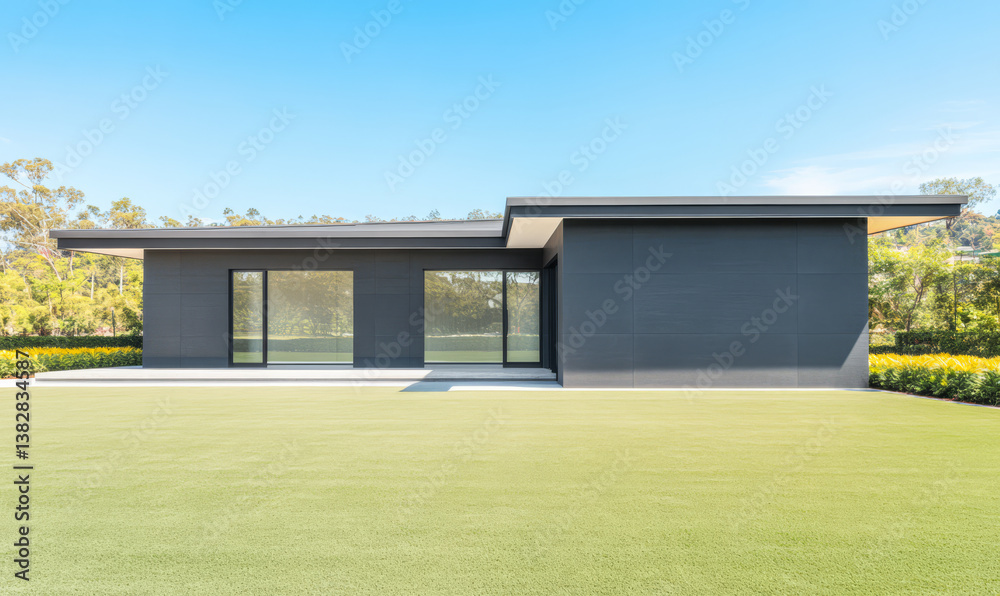 Modern architectural design showcased in a serene landscape during bright daylight Modern architectural design showcased in a serene landscape during bright daylight