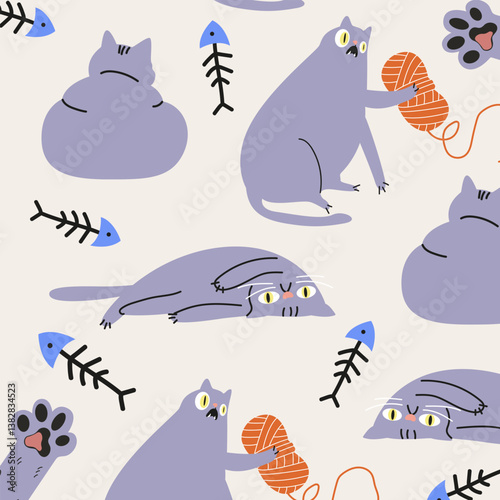 Retro pattern with cute cartoon cats for decor textile, wrapping paper, wallpaper design, kids clothes. Print for fabric. Kawaii kitten vector illustration