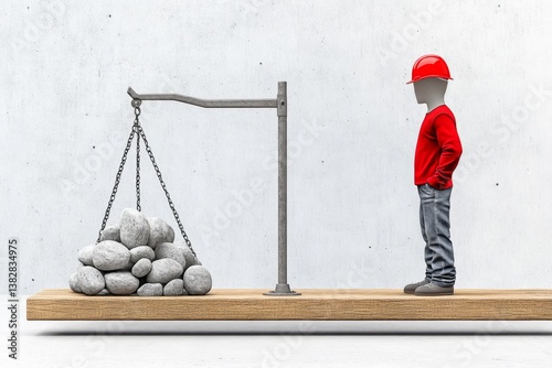 A giant scale balancing an employee on one side and a pile of completed projects on the other