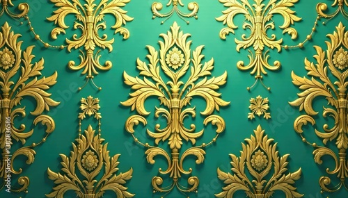 Intricate floral damask pattern in muted golds and greens , flowers, floral, vintage