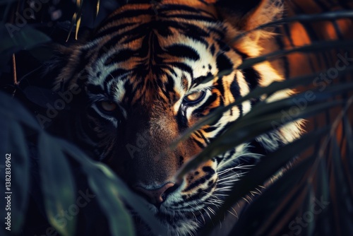 Intense Wildlife Portrait: Tiger Face Partially Hidden by Dense Foliage Showcasing Its Powerful Gaze and Striking Markings photo