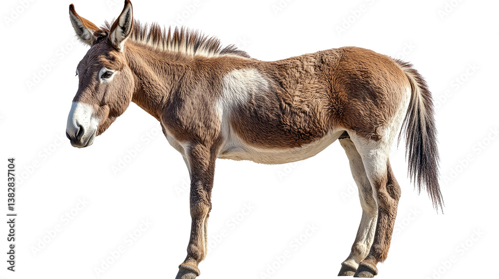 Obraz premium Majestic Donkey Portrait: A striking profile of a sturdy donkey, showcasing its unique coat pattern, alert ears, and gentle disposition, standing confidently against a bright background.