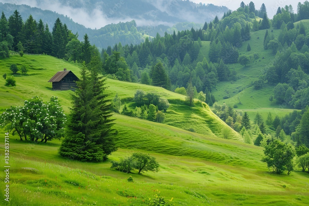 Lush green landscape with a rustic cabin and rolling hills during morning mist Lush green landscape with a rustic cabin and rolling hills during morning mist