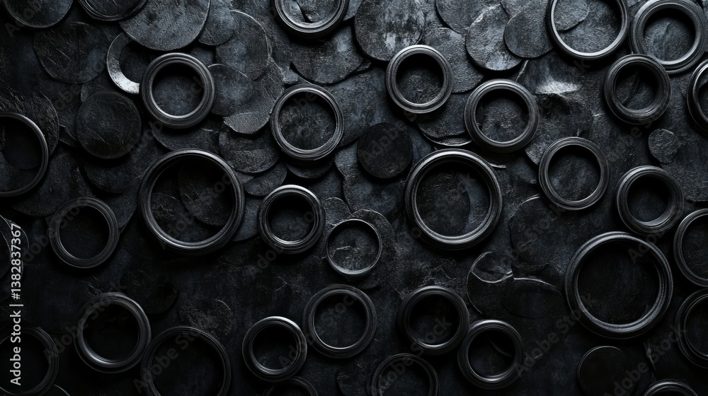 Abstract dark background featuring small rings in shades of black and gray, creating a subtle and elegant design with a modern aesthetic for digital art, wallpapers, and creative background projects.