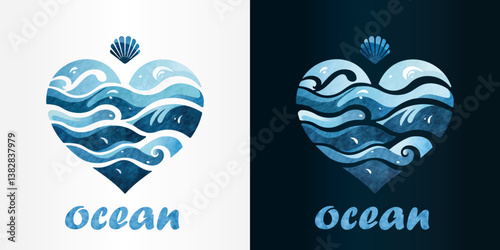 Ocean style logo in the form of a heart made up of waves with a shell above it