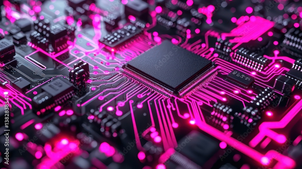 Fototapeta premium Close-up of a Futuristic Circuit Board with Glowing Pink Traces