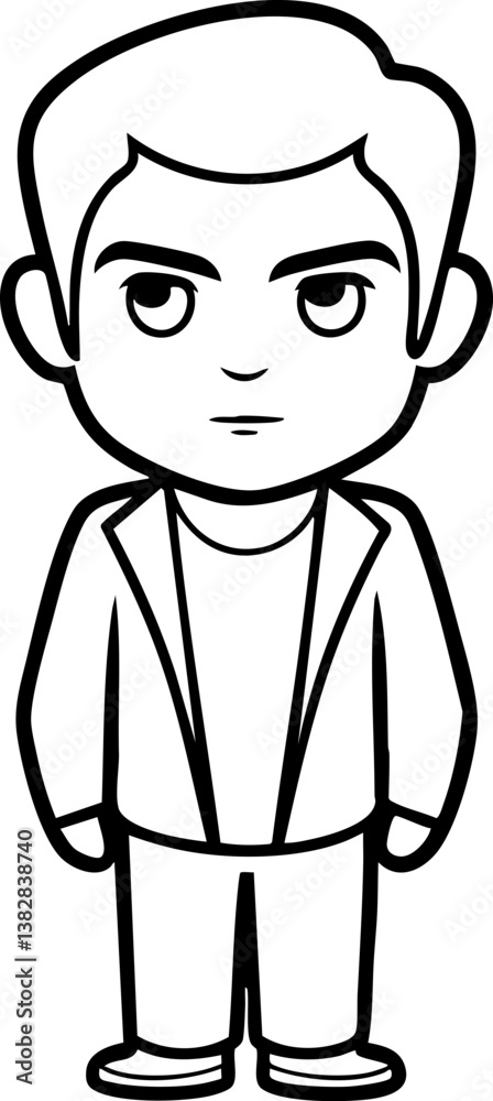 A simplistic cartoon illustration of a young man with a serious expression, dressed in a blazer and pants, in a monochrome style. A simplistic cartoon illustration of a young man with a serious expression, dressed in a blazer and pants, in a monochrome style.
